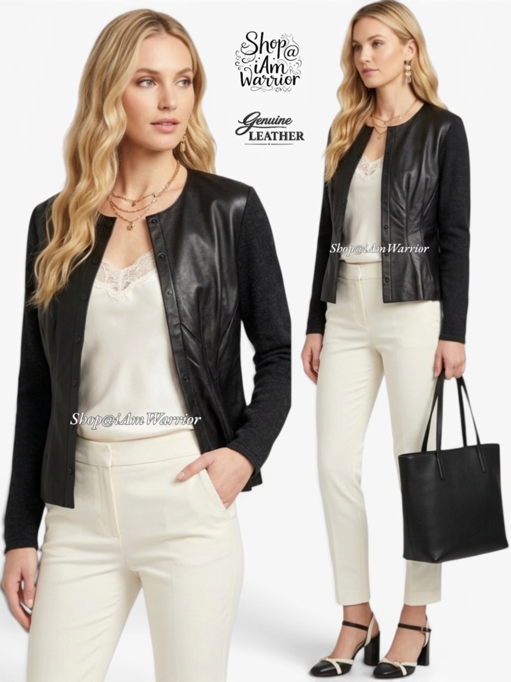 Carlisle genuine leather front wool crewneck snap cardigan *shop@iamwarrior